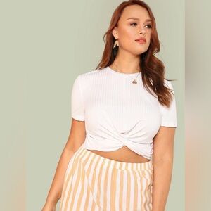SHEIN Curve Ribbed Stretchy Short Sleeve Front Knotted Preppy Crop Top White 2XL